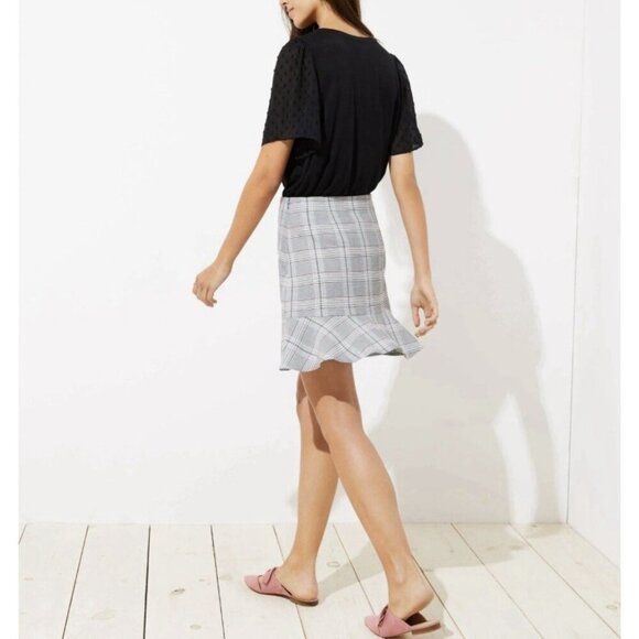 LOFT Skirt Womens 12 Gray Plaid Ruffle Hem Mini Academia Preppy Normcore Boho - Picture 6 of 8